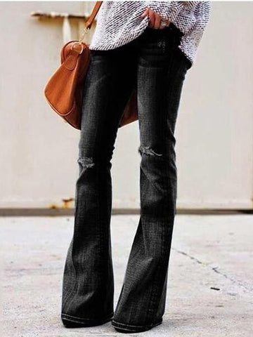 Airchics jeans longue bootcut évasé avec poches genou déchiré mode femme denim pantalons